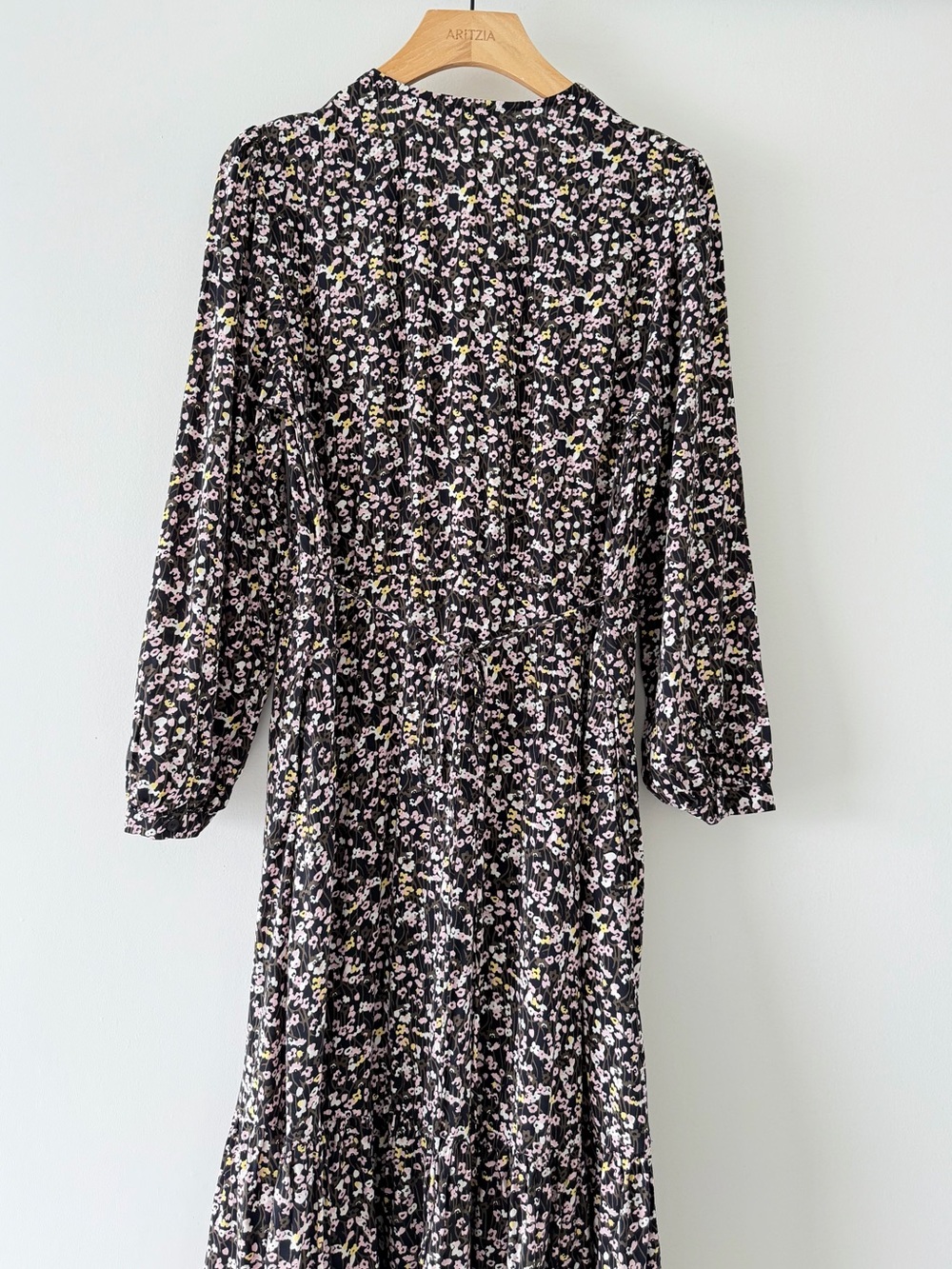 Uniqlo Rayon Floral Midi Dress Black Pink Tie Waist V Neck Button Front Small - Picture 14 of 16